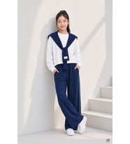 Lacivert Kız Çocuk Omuz Bağlama Detaylı Sweatshirt Geniş Paça Pantolon 2li Takım 24759