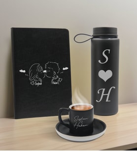 BK Gift Sevgiliye Özel İsimli Siyah Defter, Cam Matara ve Türk Kahvesi Fincanı Hediye Seti-3,  Sevgiliye Hediye, Sevgililer Günü, Yeni İş Hediyesi