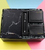 Kişiye Özel Mermer Desenli Defter & Kalın Siyah Touch Pen & Siyah Cüzdan & Kartlık Hediye Seti