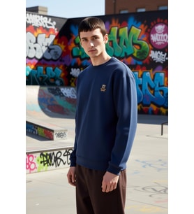 Erkek Bisiklet Yaka Düşük Kol Oversize Kalın Nakışlı Sweatshirt Fonksiyonel Dayanıklı Spor