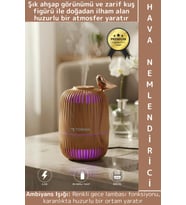 Premium Buhar Makinesi Şık Kuş Detaylı Ahşap Görünümlü Renkli LED Işık Oda Hava Nemlendirici 280 ML