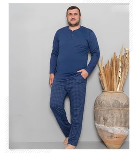 Pijamoni Erkek Battal Düğme Yaka Penye Uzun Kol  Pijama Takımı 6720/9 - 1 Adet (Mavi)