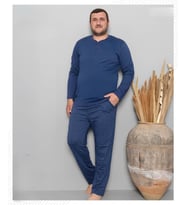 Pijamoni Erkek Battal Düğme Yaka Penye Uzun Kol  Pijama Takımı 6720/9 - 1 Adet (Mavi)