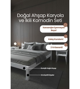 Letto Model Masif Ahşap Karyola ve 2 Adet Komodin Kolay Kurulum Fırınlanmış İthal Sibirya Çamı 90x200 Yatak Uyumlu 2 Adet Komodin