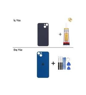 iPhone 13 mini Mavi Arka Kapak Arka Cam Batarya Kapağı Lazer Kesim Kapak Pil Kapağı + B-7000 Yapıştırıcı + Tamir Seti