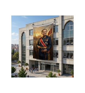 Askeri Üniformalı Atatürk Portresi Poster Bayrak Raşel Kumaş 6x9 metre ATA75