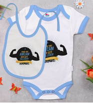 BK Kids Kişiye Özel Amcam Her Şeyi Halleder Tasarımlı Mavi Bebek Body Zıbın ve Mama Önlüğü Hediye Seti