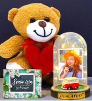 Kişiye Özel Premium Hediye Seti  Led Işıklı Fanus ve Kalpli Peluş Ayıcık (Model 4)
