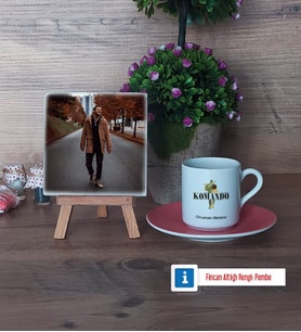 Komando Fotoğraflı Dekoratif Taş, Ahşap Altlıklı Türk Kahvesi Fincanı Hediye (Model 6)