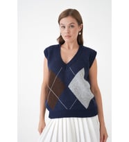 Kadın V Yaka Desenli Yumuşak Dokulu Triko Sweater (Lacivert)