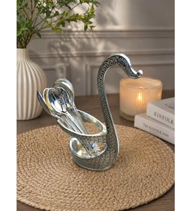 Kaşıklık Seti 6’lı Metal Kaşık Standı Dekoratif Çay Kaşığı Seti Kuğu Tasarımlı 12 cm Kaşık 15 cm Stand