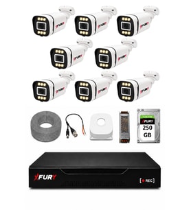 FURY 8 Kameralı 5MP Lens 1080P 6 Warm LED Renkli Gece Görüşlü Güvenlik Kamera Sistemi 250GB 1606