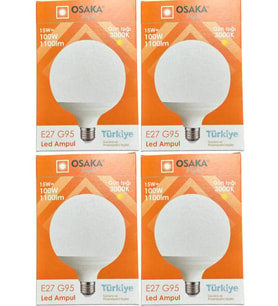 Osaka 15W (100W) 3000K (Günışığı) E27 Duylu G95 Led Glop Ampul (4 Adet)