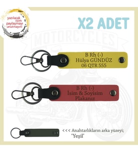 Bikerlar İçin İsim Plaka ve B Rh (-) Kan Grubu Yazılı Hediye Deri x2 Anahtarlık, Nar Çiçeği-Sarı-Ysl (Çok Renkli)