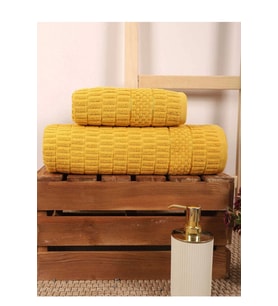 2 Parça Banyo Havlu Takımı %100 Pamuklu Çubuk Desen Sarı