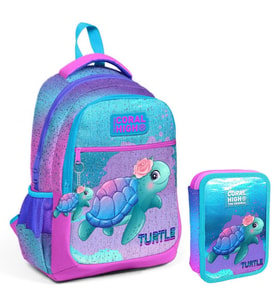 Coral High Turkuaz Pembe Kaplumbağa Kız Çocuk Okul Çantası ve Organizer Kalemlik Seti 23497+11134