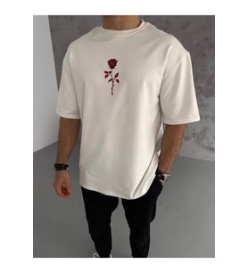 Unisex Bisiklet Yaka Baskılı Oversize T-Shirt - Beyaz
