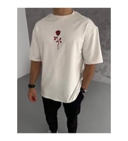 Unisex Bisiklet Yaka Baskılı Oversize T-Shirt - Beyaz