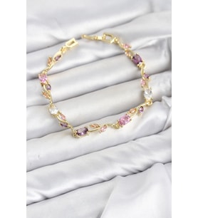 Pirinç Gold Renk Pembe ve Mor Zirkon Taşlı Çiçek Model Kadın Bileklik TJ-BB8585