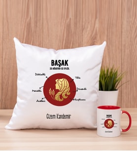 Kişiye Özel Başak Burcuna Hediye Kare Yastık ve Kırmızı Kupa
