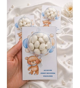Ayı Basklı Kartlı Küre Magnet Şekerlikli Kişileştirilebilir Hediyelik Mevlüd Doğum Günü Bebek 10 ADET