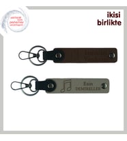 İsim Yazılabilir Deri Anahtarlık Seti, Nota Temalı Hediyelik Tasarım, Koyu Kahve-Kül Gri