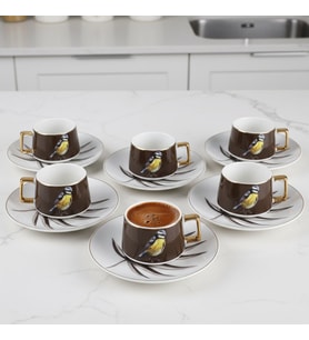 Brown Birdy Kuş Figürlü 6 Kişilik Porselen Fincan Takımı