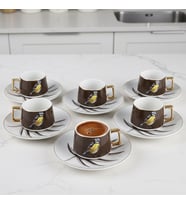 Brown Birdy Kuş Figürlü 6 Kişilik Porselen Fincan Takımı (Kahverengi)