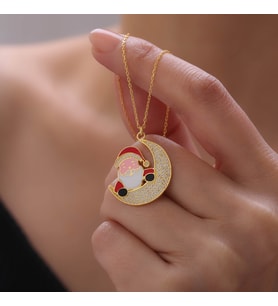 925 Ayar Gümüş Mineli Noel Baba ve Ay Kolye (Gold)