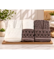 Royam Cotton Paris Jakarlı Pamuklu 6 Parça Aile Bornoz Seti (Kahverengi)
