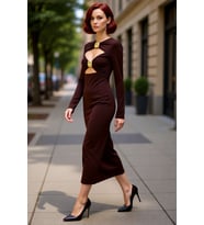 Kadın Fashion Forward Kahverengi Bodycone Uzun Kollu Sandy Örme Elbise Kokteyl Partiler İçin İdeal