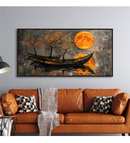 Yağlı Boya Dokulu Tablo Modern Güneş ve Gondollar Siyah Çerçeveli U06020