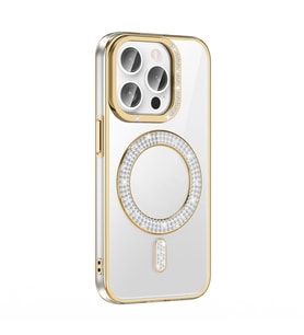 Apple iPhone 14 Pro Max Uyumlu Kılıf Pırlanta Taş Tasarımlı M-safe Şarj Özellikli Zore Karetta Silikon Kapak (Gold)