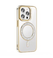 Apple iPhone 14 Pro Max Uyumlu Kılıf Pırlanta Taş Tasarımlı M-safe Şarj Özellikli Zore Karetta Silikon Kapak (Gold)