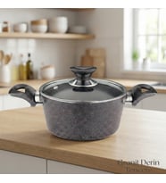 ARZU ÇELİK 18 Cm Granit Derin Tencere Cam Kapak - Siyah