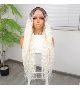 Afro Dalga Kumral Beyaz Platin Ombre Fiber Sentetik Tül Peruk