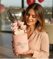 Kişiye Özel İsimli Peluş Silindir Kutuda Ayna & Kalp Balonlu 4'lü Pembe Ayıcık Buketi – Anneye, Eşe, Kıza, Sevgiliye Hediye