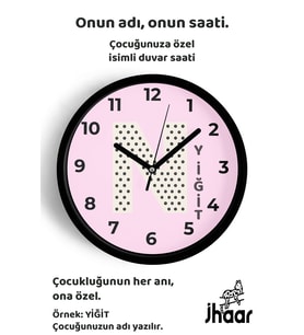 İsme Özel N Harfli Pembe Çocuk Odası Duvar Saati Orta Boy 30 cm Siyah Camlı Sessiz