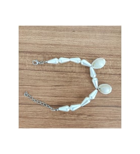 Doğal Deniz Kabuğu (Cowrie) ve İnci Görünümlü Boncuk Bileklik - 576 (Açık Gri)
