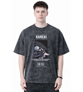 Tasarım Ken Kaneki Tokyo Ghoul Anime Baskılı Unisex Oversize Eskitme Yıkamalı Tişört