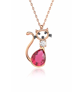Fuşya Damla Taşlı Kedi Rose Gümüş Kolye