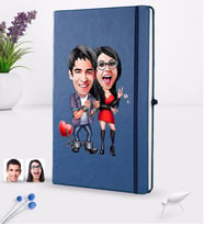 BK Gift Kişiye Özel Sevgililer Karikatürlü Karikatürlü Lacivert Termo Deri Defter 16x24cm Model 1