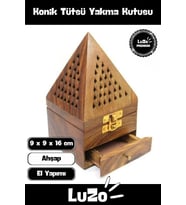 Premium Seri El Yapımı Ahşap Dekoratif Taşınabilir Desenli Konik Tütsü Yakma Kutusu 9 x 9 x 16 cm