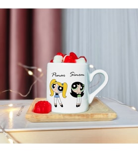 Power Puff Bubbless & Buttercup Arkadaş Çift Tasarımlı Ahşap Tabaklı Kişiye Özel Türk Kahvesi Fincanı