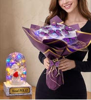 Size Özel Renkli Led Işıklı Fanus ve Renkli Led Işıklı Kelebek Buketi (Model 8)