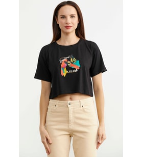 Oversize Baskılı Crop Tişört - Siyah
