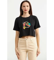 Oversize Baskılı Crop Tişört - Siyah