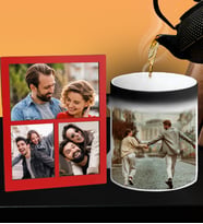 Kişiye Özel Premium Resimli Sihirli Kupa Ve Fotoğraflı Dört Resimli Kolaj Masaüstü Fotoğraf Kırmızı Çerçeve