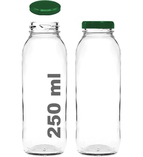 250 ml Şeffaf Hale Cam Şişe, Yeşil Metal Kapaklı, Meyve Suyu ve İçecekler için, 250 cc, Yerli Üretim, 6 Adet