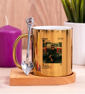 Kişiye Özel İnstagram Tasarım Fotoğraflı Ahşap Altlıklı Gold Kupa Bardak